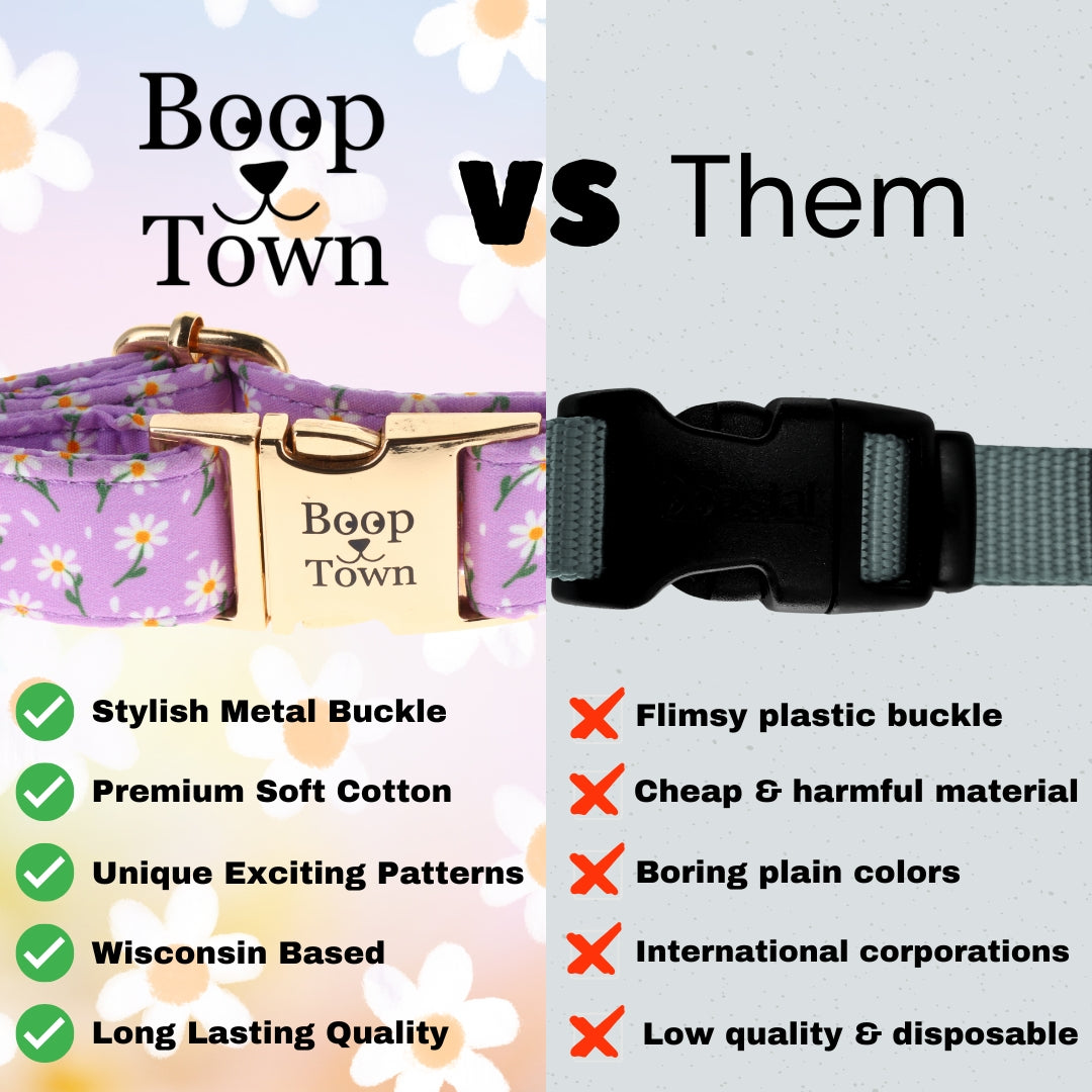Boop Town Soft Cotton Dog Collar - Anti-Hair Matting & Durable Nylon Core - Quick Release Metal Buckle - Adjustable for Small Medium Large XL Dogs - Gold Tone Hardware