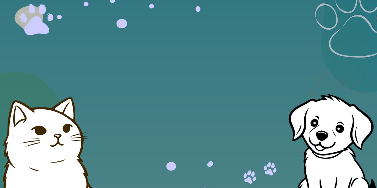 Cute cartoon white cat and puppy on teal background with paw prints
