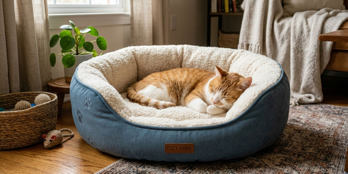 Orange tabby cat curled up sleeping in soft blue pet bed