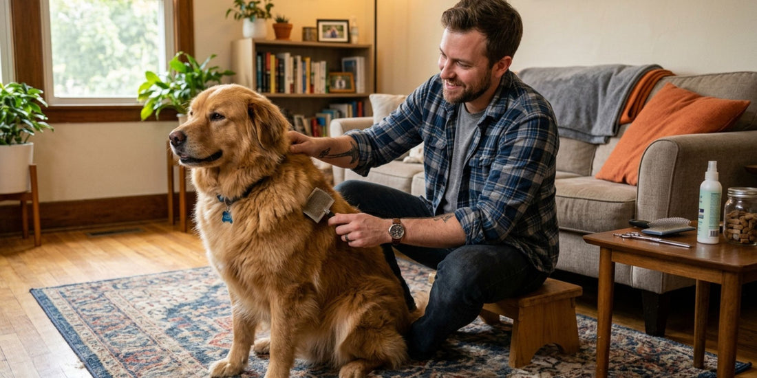 Man smiling while brushing his golden retriever dog at home