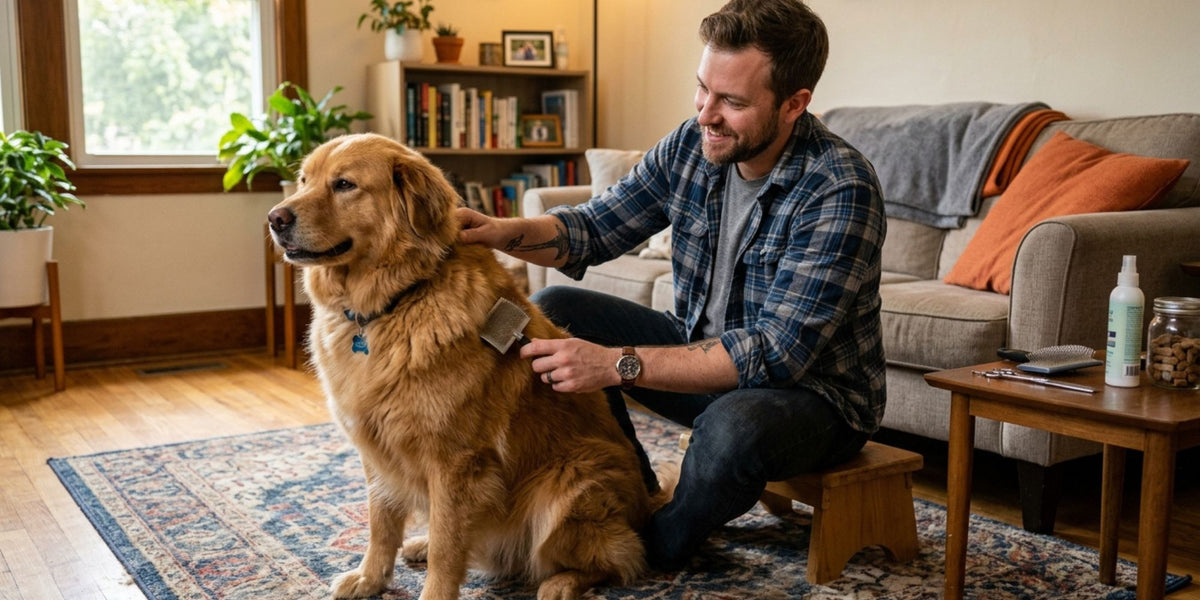 Man smiling while brushing his golden retriever dog at home