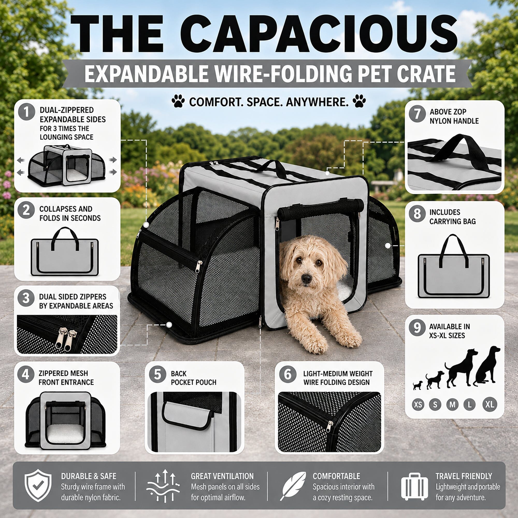 Expandable Folding Pet Crate | Lightweight Dog Carrier House