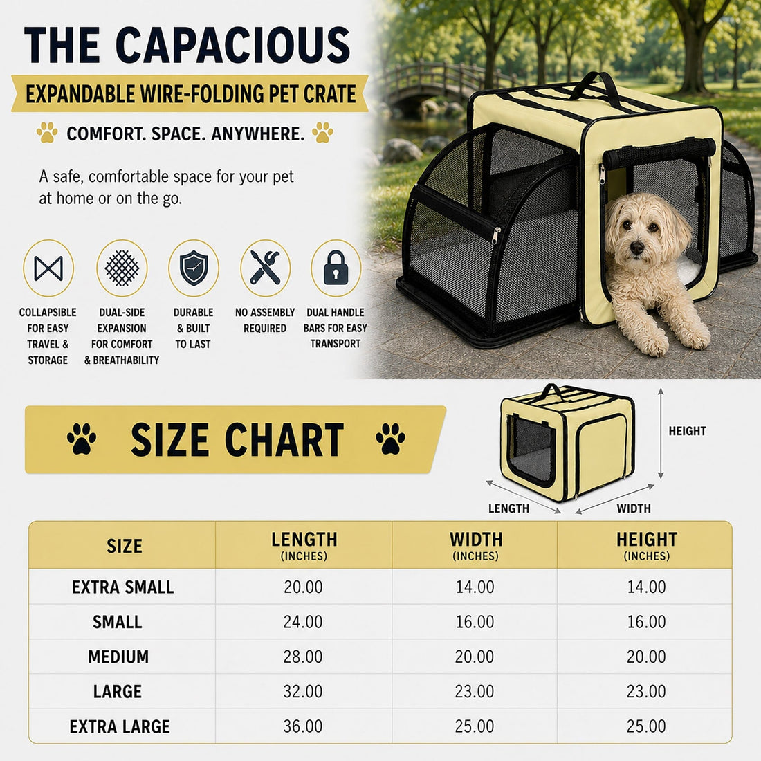Expandable Folding Pet Crate | Lightweight Dog Carrier House