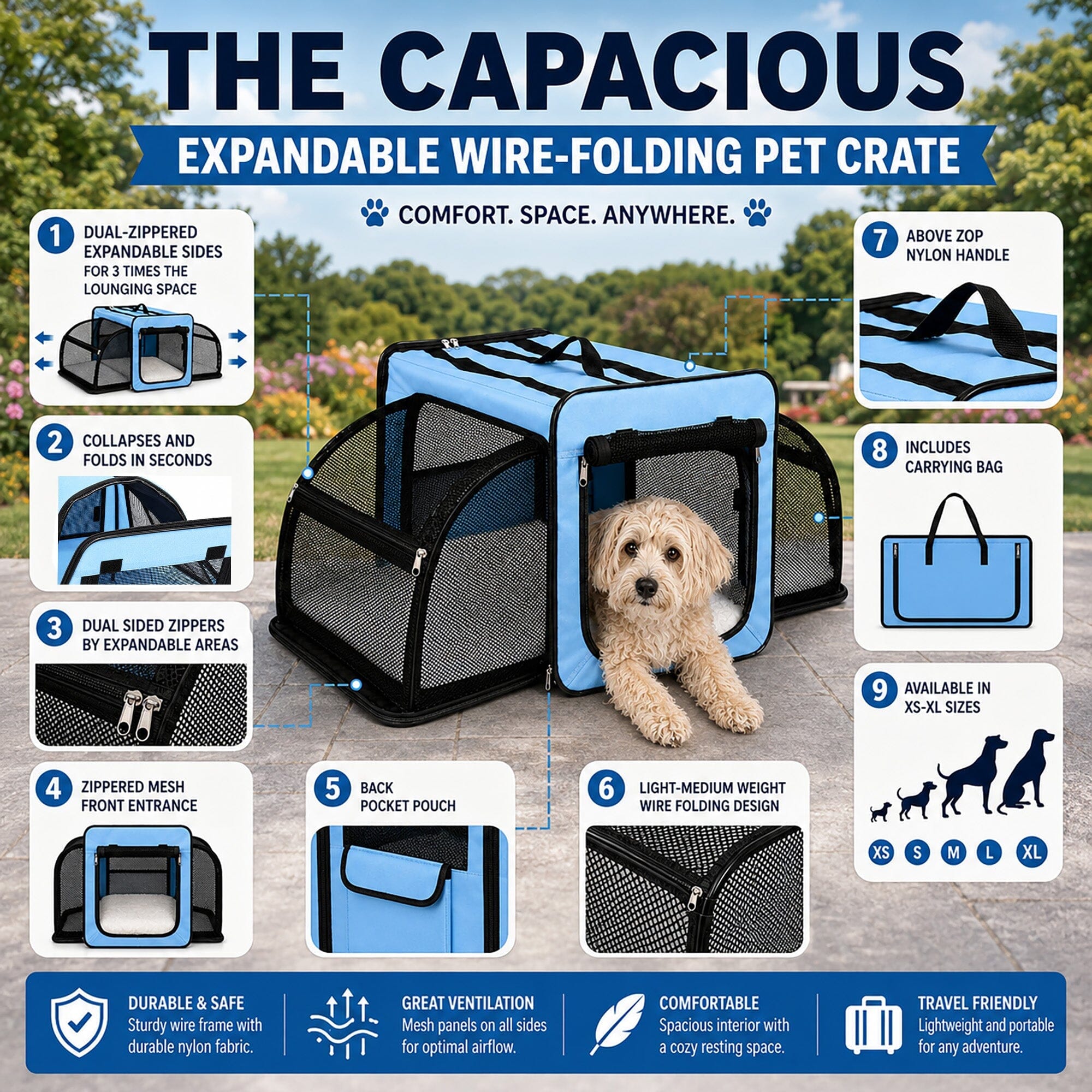 Expandable Folding Pet Crate | Lightweight Dog Carrier House