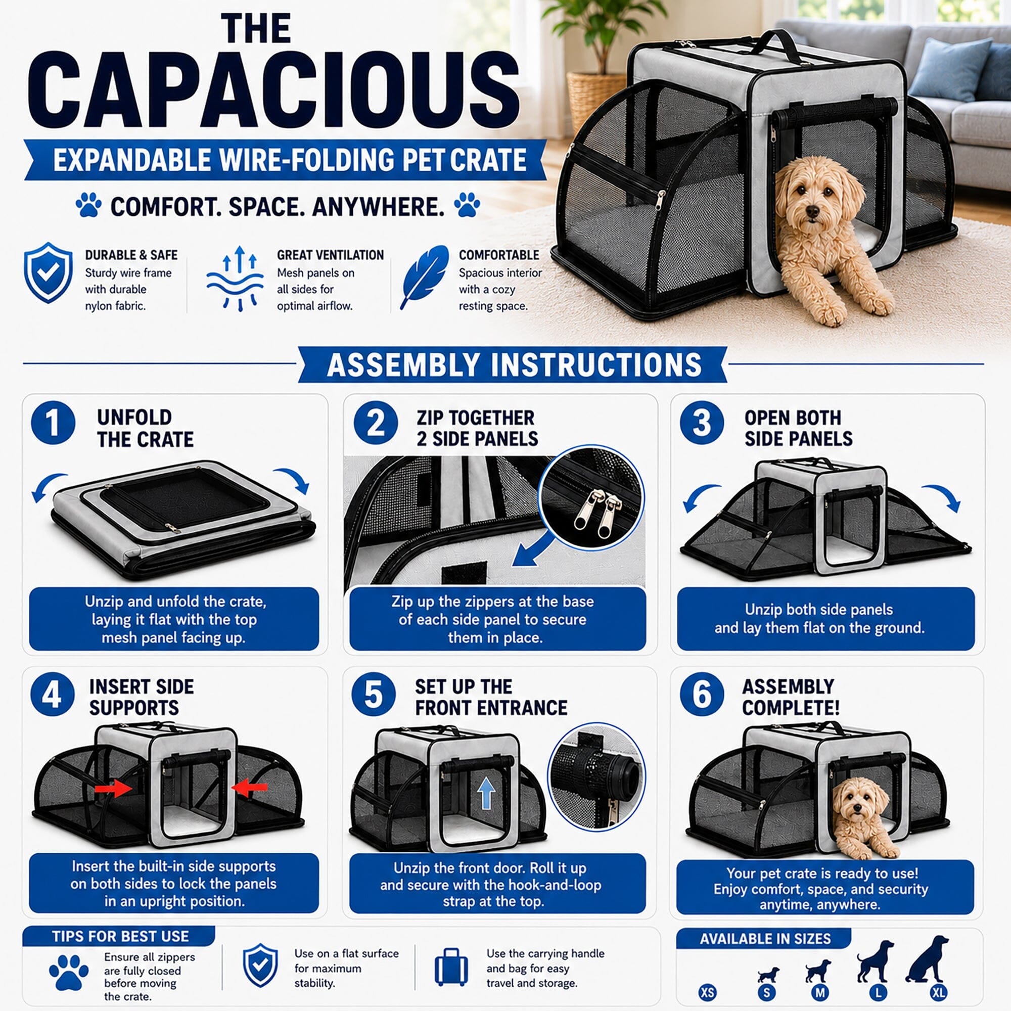 Expandable Folding Pet Crate | Lightweight Dog Carrier House