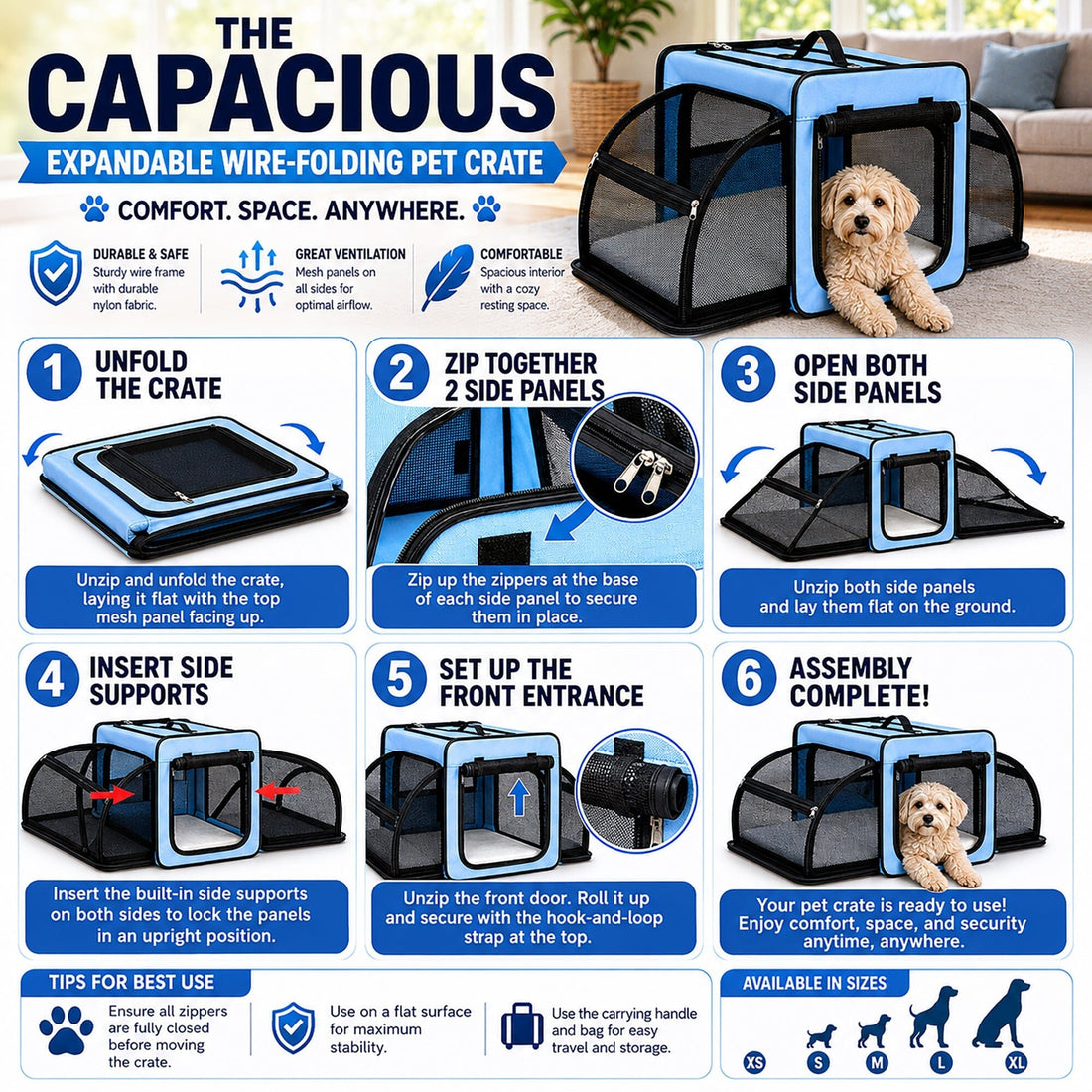 Expandable Folding Pet Crate | Lightweight Dog Carrier House