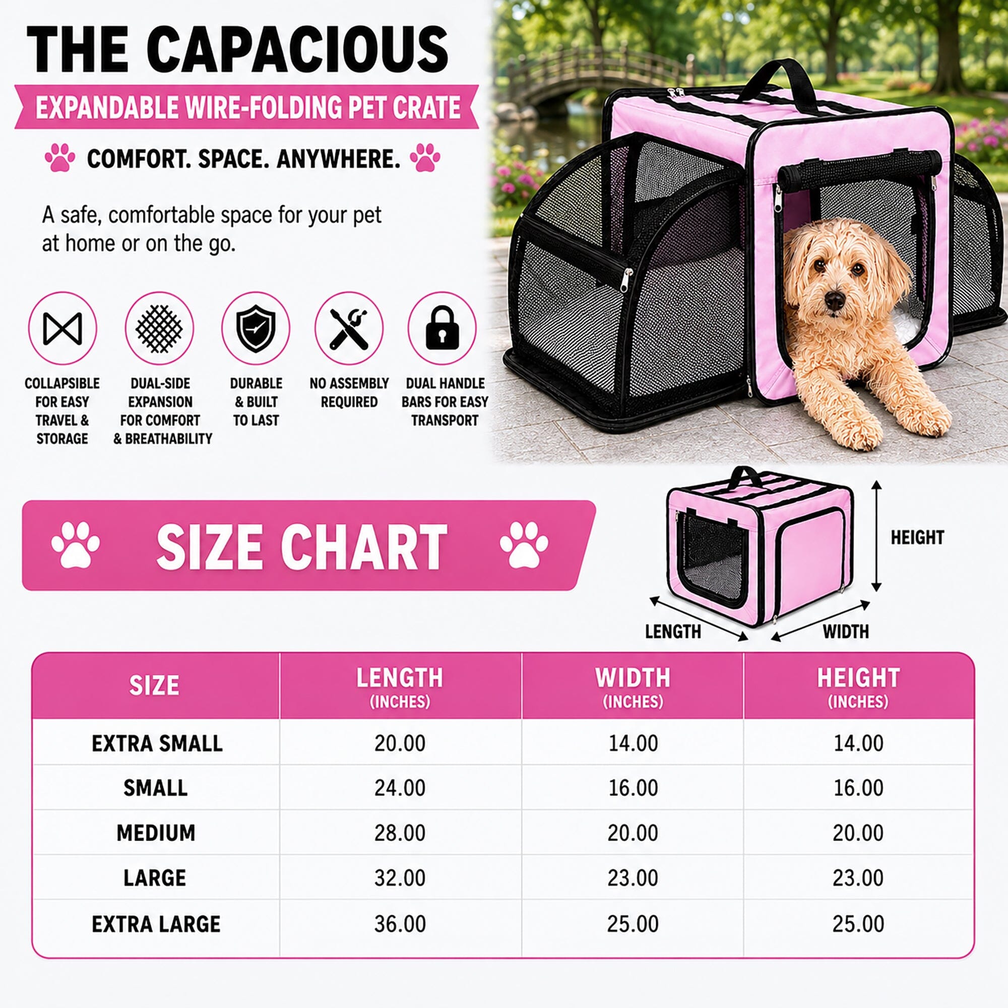 Expandable Folding Pet Crate | Lightweight Dog Carrier House