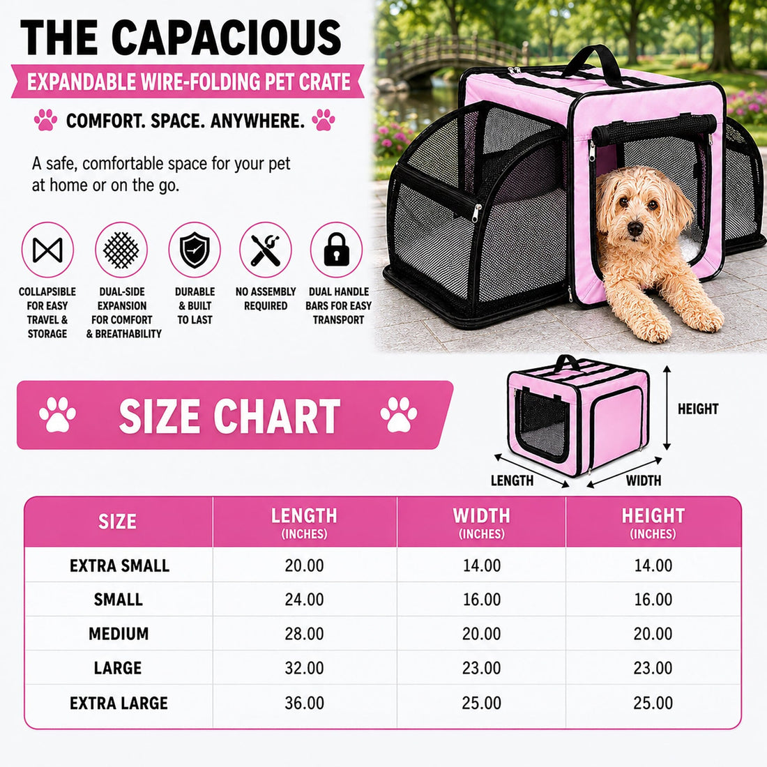Expandable Folding Pet Crate | Lightweight Dog Carrier House