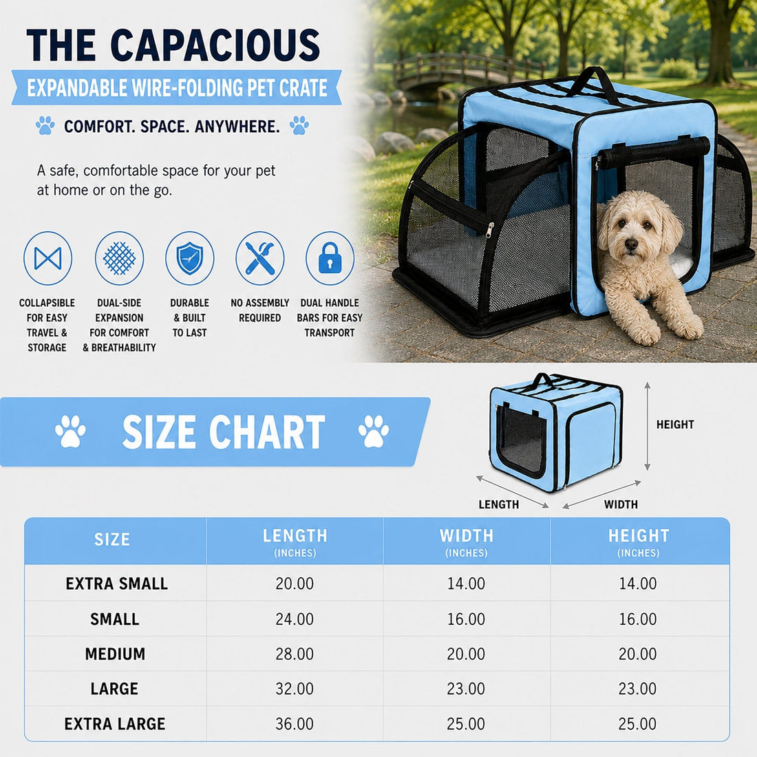 Expandable Folding Pet Crate | Lightweight Dog Carrier House