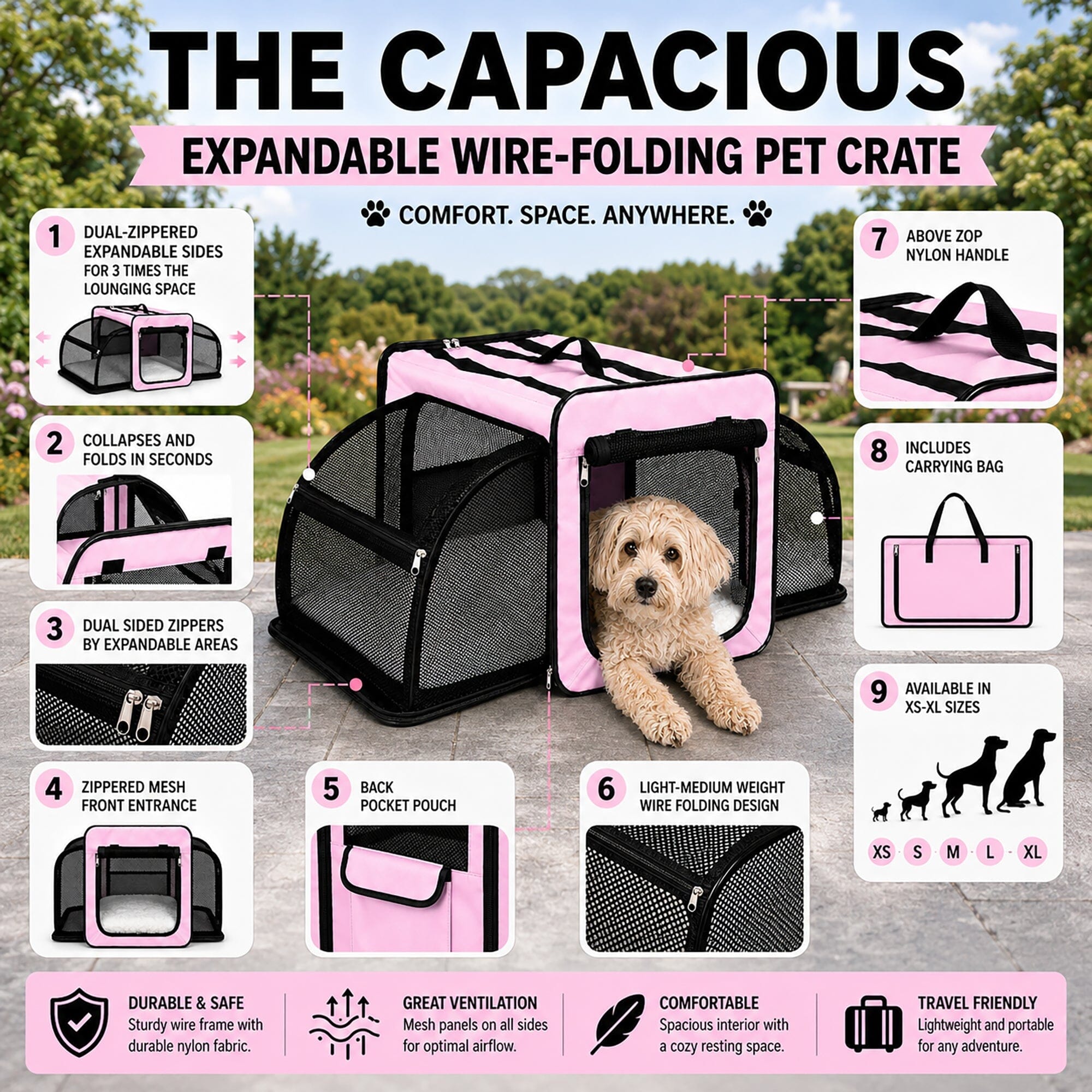 Expandable Folding Pet Crate | Lightweight Dog Carrier House