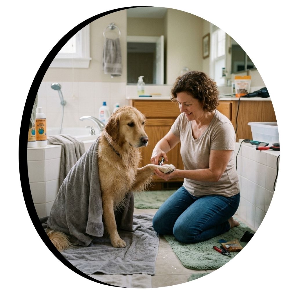 Woman trimming nails of wet golden retriever dog after bath